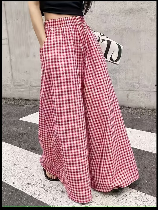 Pants - Wide-Leg Trousers with Elastic Waistband & Slant Pockets - Plaid Wide-Leg Pants